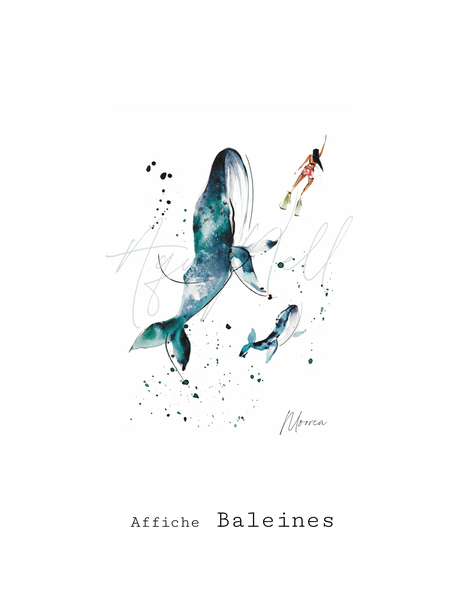 Affiche aquarelle tahitienne Baleines Aquanell