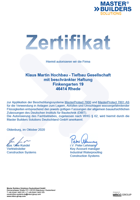 Autorisierung der Klaus Martin Hochbau-Tiefbau GmbH durch Master Builders Solutions