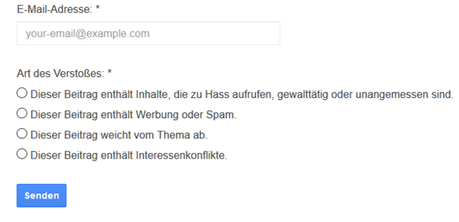 Screenshot der Auswahlmöglichkeiten der Arten von Verstößen