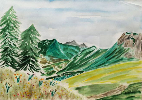 Berglandschaft 43 cm x 53 cm Aquarellfarben auf Zeichenpapier mit weißem Rahmen