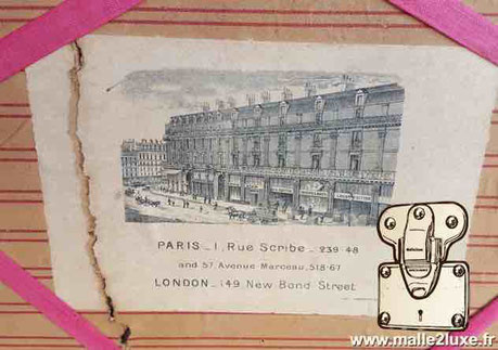 Etiquette malle Louis Vuitton : Paris 1, rue Scribe 239 48 And 58 Avenue Marceau 518 67 London 149 new bond street