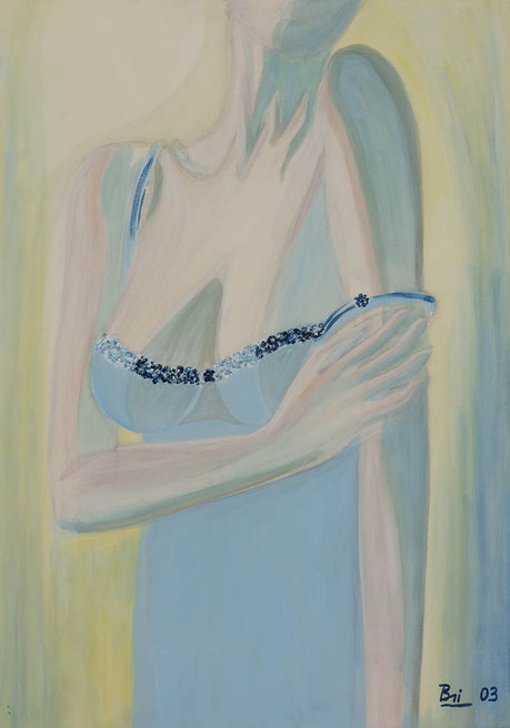 in Öl gemaltes Bild, das eine Frau in hellblauem Negligé zeigt