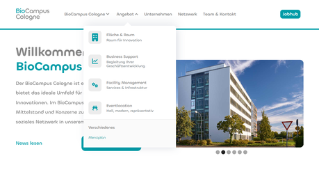 Screenshot des neuen Webaufritts von BioCampus und RTZ in Köln (Quelle: BioCampus) 