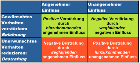 Positive Verstärkung und Bestrafung erfolgt durch Hinzukommen eines angenehmen bzw. unangenehmen Einflusses, negative Verstärkung und Bestrafung durch Wegfallen eines unangenehmen oder angenehmen Einflusses