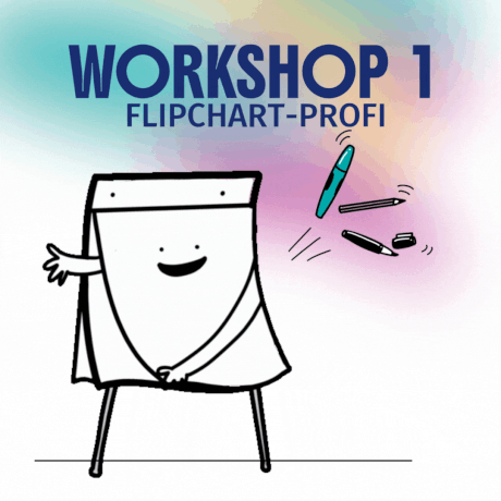 Eine animierte Flipchart und Stifte sind zu sehen. Die Überschrift lautet: Workshop 1 Flipchart-Profi.
