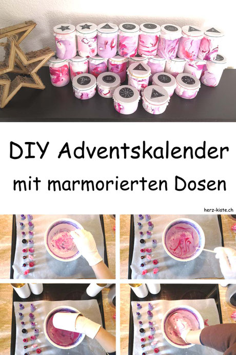 DIY Upcycling Adventskalender - eine Schritt für Schritt Anleitung wie du ganz einfach einen Adventskalender selber machen kannst. Dazu brauchst du marmorierte Dosen - welche du ganz einfach mit Nagellack marmorieren kannst.