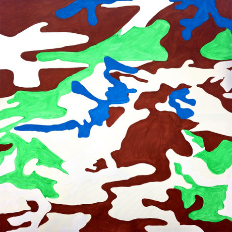 "Sustainable Painting + green", 2022, acrylic on canvas, 145x145 cm - painted using leftover paint, except green, from the children's portraits of the World Leaders Donald and Kim
