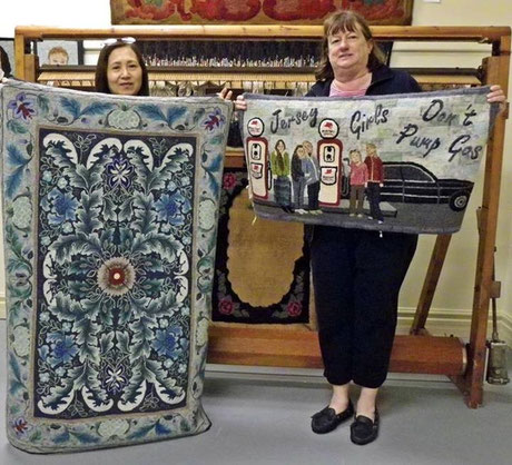 "Masterful Morris" hooked by Chizuko(left) with Norma Batastini at Hooked Rug Museum of North America in Nova Scotia, Canada