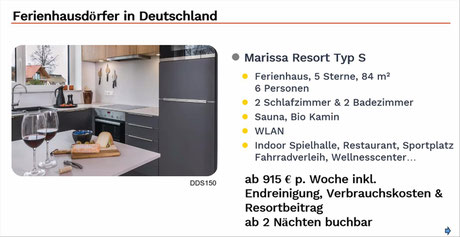 MarissaResort 6 Pers. Sauna,ab2 Näche 915.-€ /Wo. buchen...