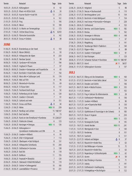 Alle Bus-Schiffs-Flugreisen Termine bis Juli...