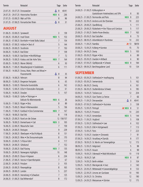 Alle Bus-Schiff-Flug-Reiseziele bis September...