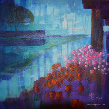Semi-abstraktes Acrylbild einer magisch-blauen, wasserreichen Parklandschaft mit Tulpen in Orangrot- und Lilatönen, gemalt 2023 vom Grazer Künstler MaLo.