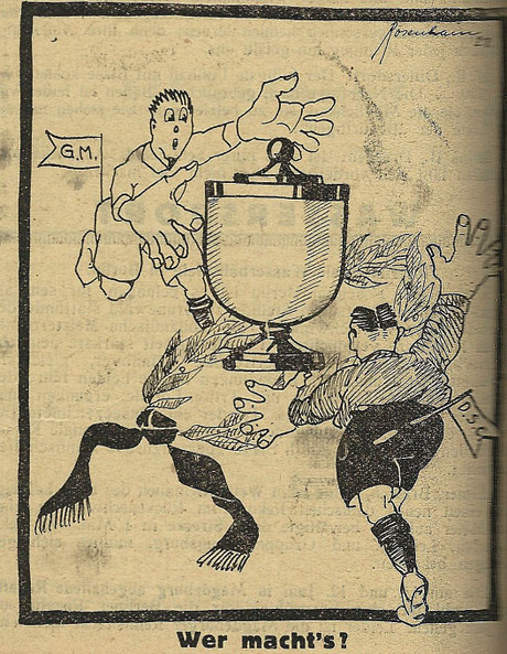 "Wer macht's?" fragte der Kampf - Zentralorgan Mitteldeutscher Sportsleute, Jg. 3, im Vorfeld der Partie Dresdner SC gegen Guts Muts Dresden.