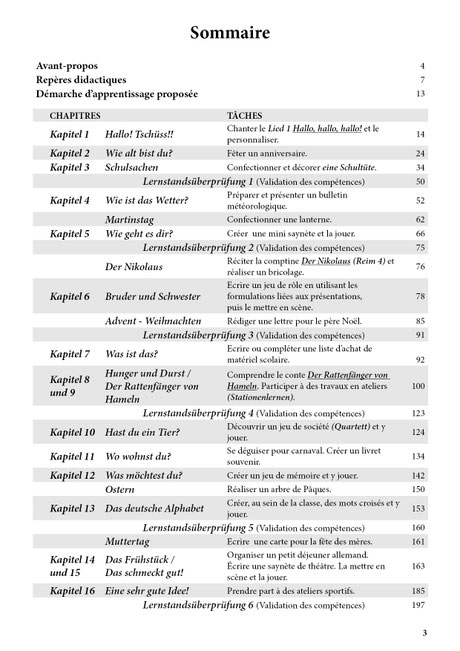 Sommaire de la méthode d'allemand KWS (CE2, CM1, CM2) avec la mise en évidence des tâches propres à chaque chapitre, dans le cadre de la pédagogie actionnelle