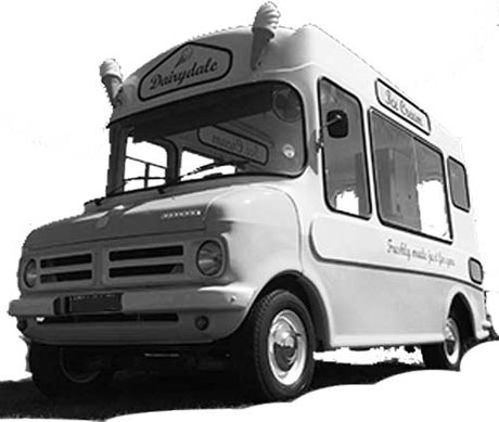 Black and white image of vintage 1970s British ice cream van