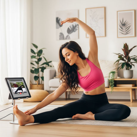 ragazza che pratica yoga online comodamente da casa
