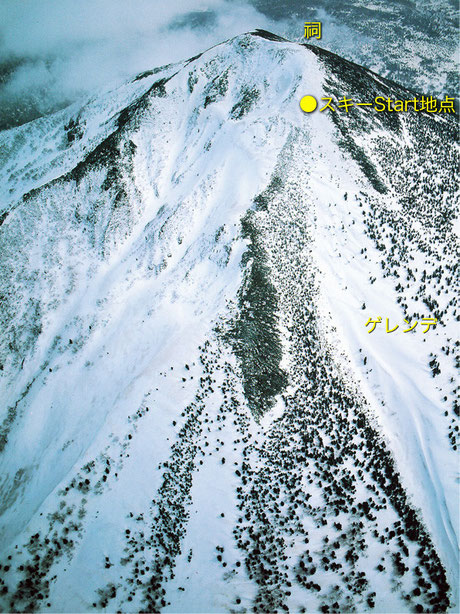 江川　正幸著「青森の山々」（2002年・非売品）　ヤブを抜けてスタート。ゲレンデ幅は最大100mありブッシュ全く無く「春スキー」時は快適です。（写真の文字は当方加筆）