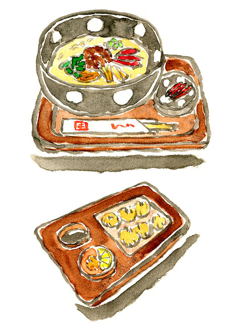 水彩イラスト　うどん　ラーメン　焼売