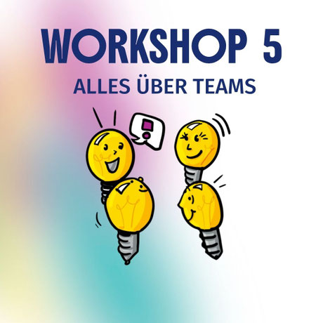 Das Bild zeigt eine Gruppe von Menschen. Eine gelbe Figur sticht heraus, die mit Symbolen wie Glühlampe, Laptop und Zielscheibe jongliert. Die Überschrift lautet: Workshop 4 Besprechungen effizient moderieren