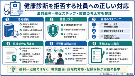 「健康診断を拒否する社員への正しい対応」をテーマに、懲戒処分の可否・催促ステップ・文例を解説した記事の要約図