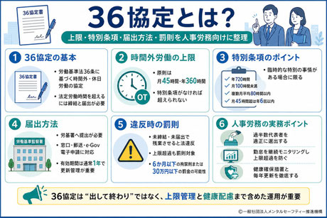 36協定について、時間外労働の上限・特別条項の要件・届出方法・罰則など実務上の重要ポイントをまとめた要約図