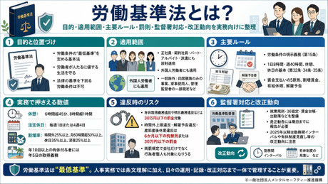 労働基準法について、目的・適用範囲・主要条文・罰則・改正動向など実務上の重要ポイントをまとめた要約図