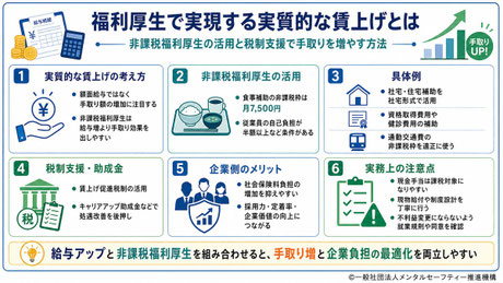 福利厚生を用いた実質的な賃上げの考え方、非課税福利厚生の活用、助成金制度等の具体例、企業側のメリットをまとめた図