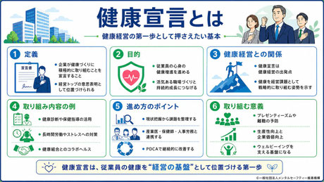 「健康宣言とは?」をテーマに、健康経営優良法人認定との関係・取り組み内容・メリットを解説した記事の要約図