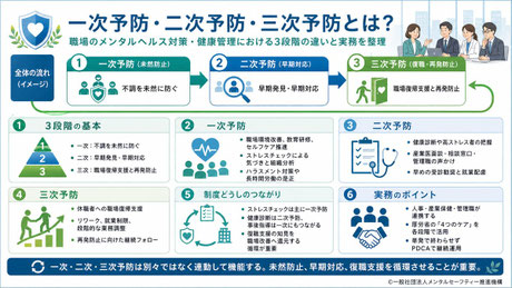 一次予防・二次予防・三次予防の定義と違いについて、職場のメンタルヘルス・健康管理における具体的な取り組みと3段階の連動など実務上の重要ポイントをまとめた要約図