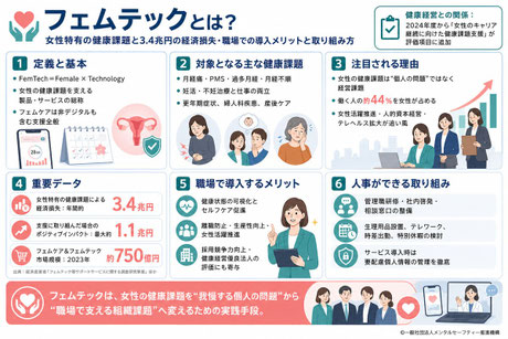フェムテックについて、女性特有の健康課題・3.4兆円の経済損失・職場での導入メリット・健康経営との関係など実務上の重要ポイントをまとめた要約図