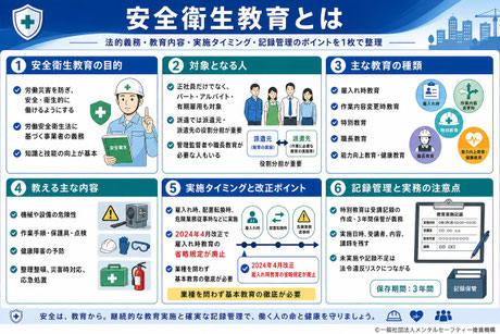 安全衛生教育の目的や対象者、教育の種類などの総合的な解説画像