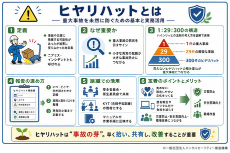 「ヒヤリハット事例とは？」をテーマに、定義・業種別事例・報告書の書き方・活用方法を解説した記事の要約図