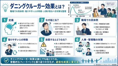 ダニングクルーガー効果について、発生メカニズム・職場での具体例・陥りやすい特徴・人事が取るべき対策など重要ポイントをまとめた要約図