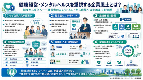 健康経営・メンタルヘルスを重視する企業風土の作り方について、経営者のコミットメント・組織体制・管理職の役割・PDCAによる定着など実践的なポイントをまとめた要約図