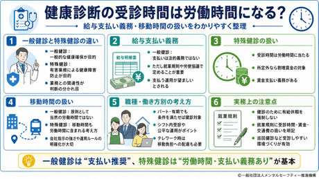 健康診断の受診時間が労働時間になるかどうかについて、一般・特殊健康診断の違い・賃金支払い義務・移動時間の扱い・就業形態別の対応など実務上の重要ポイントをまとめた要約図