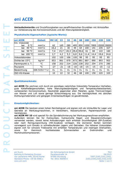 Bild: Produktdatenblatt eni / agip acer 10-320 Umlauföl Datenblatt seite1