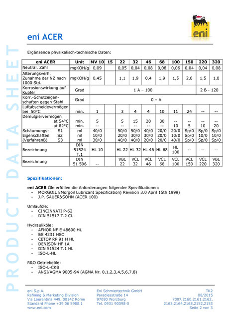 Bild: Produktdatenblatt eni / agip acer 10-320 Umlauföl Datenblatt seite2