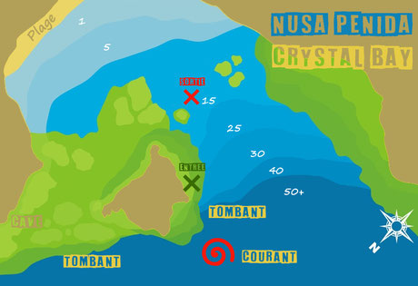 carte du site de plongée crystal bay à Nusa penida, bali.