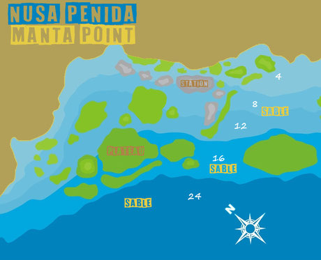 carte du site de plongée de Manta Point à Nusa penida, bali.