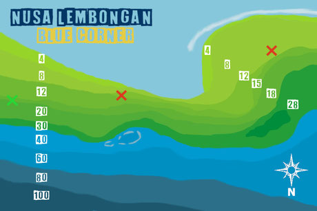 Carte du site de plongée de Blue corner à Nusa Lembongan