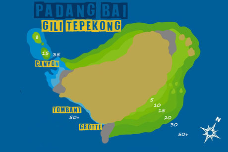 Carte du site de plongée de Gili Tepekong à Padang Bai, Bali.