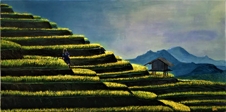 verkauft: Reisfelder, Acryl auf Leinwand, 60 x 120 cm