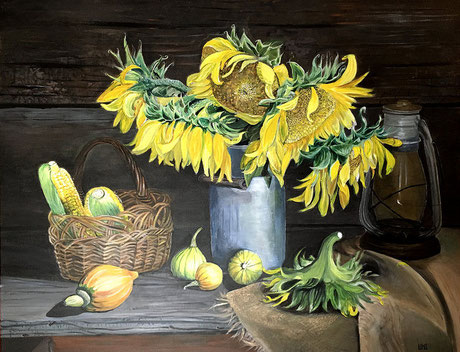verkauft: Stillleben mit Sonnenblumen, Acryl auf Leinwand, 80X100 cm