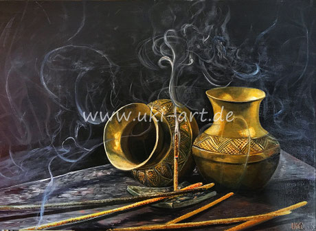 verkauft: Stillleben mit Räucherstäben, Acryl auf Leinwand, 70 x 100 cm