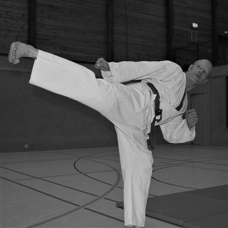 Ein Jiu Jitsu Schüler zeigt einen hohen seitlichen Fußtritt.