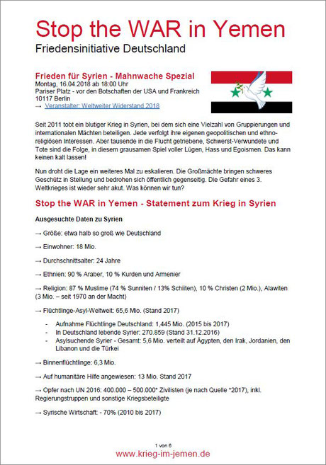 PDF-Download: Frieden für Syrien - Mahnwache Spezial Montag, 16.04.2018 ab 18:00 Uhr Pariser Platz - vor den Botschaften der USA und Frankreich 10117 Berlin