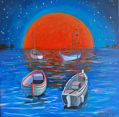 Quatre barques. Acrylique sur toile. 30 X 30 cm. Disponible. 140€.
