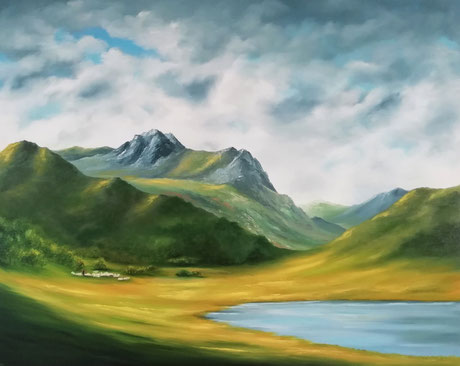 Landschaft mit Hirten - Kunstwerk - Ölgemälde - Schafherde am See