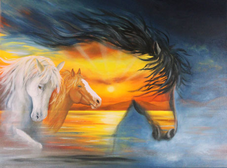 Pferde - Ölgemälde - Kunst - Sonnenuntergang