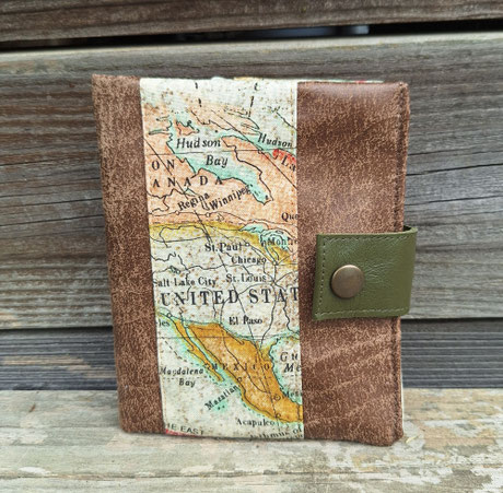 portefeuille compact pour homme, tissu mappemonde, faux cuir camel, idée cadeau pour homme